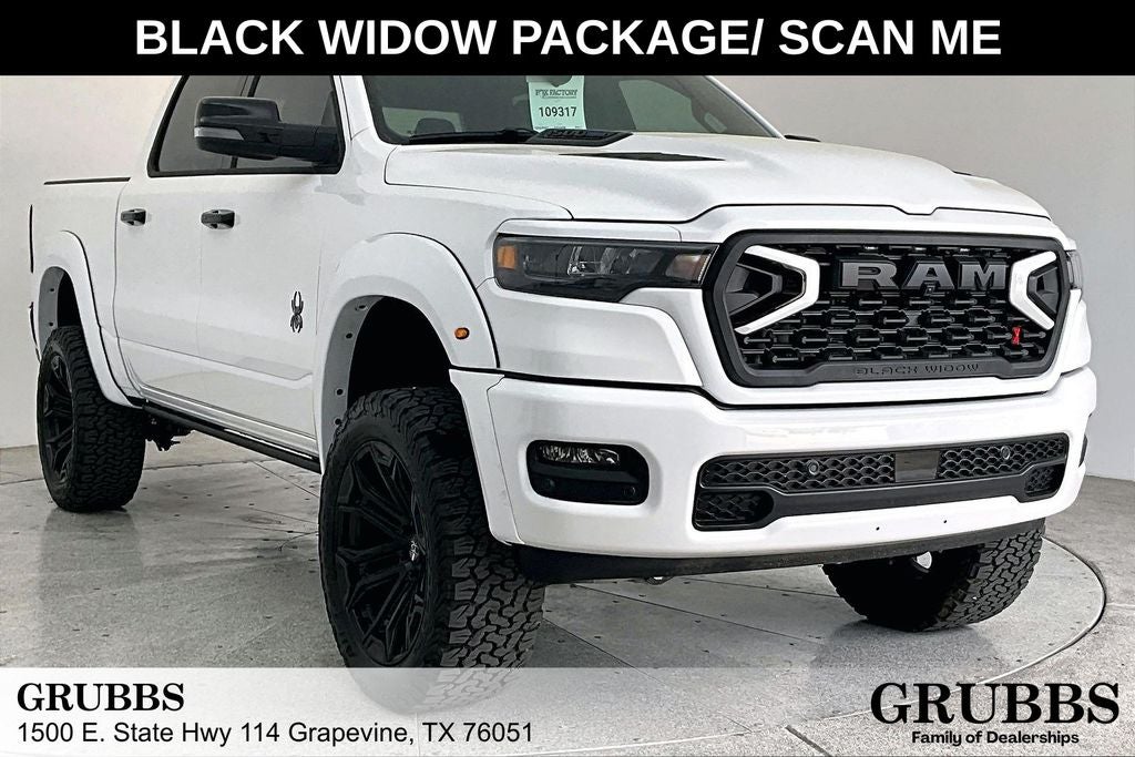 2026 RAM 1500 BLACK WIDOW in Bright White Clearcoat — front three-quarter view