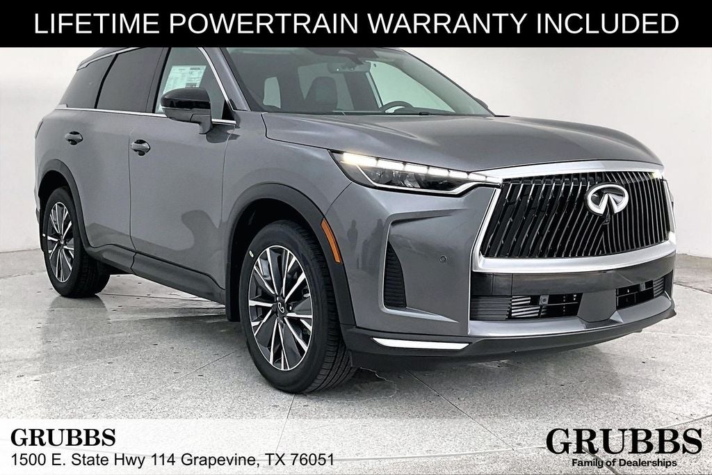 2027 INFINITI QX60 LUXE in Graphite Shadow — front three-quarter view