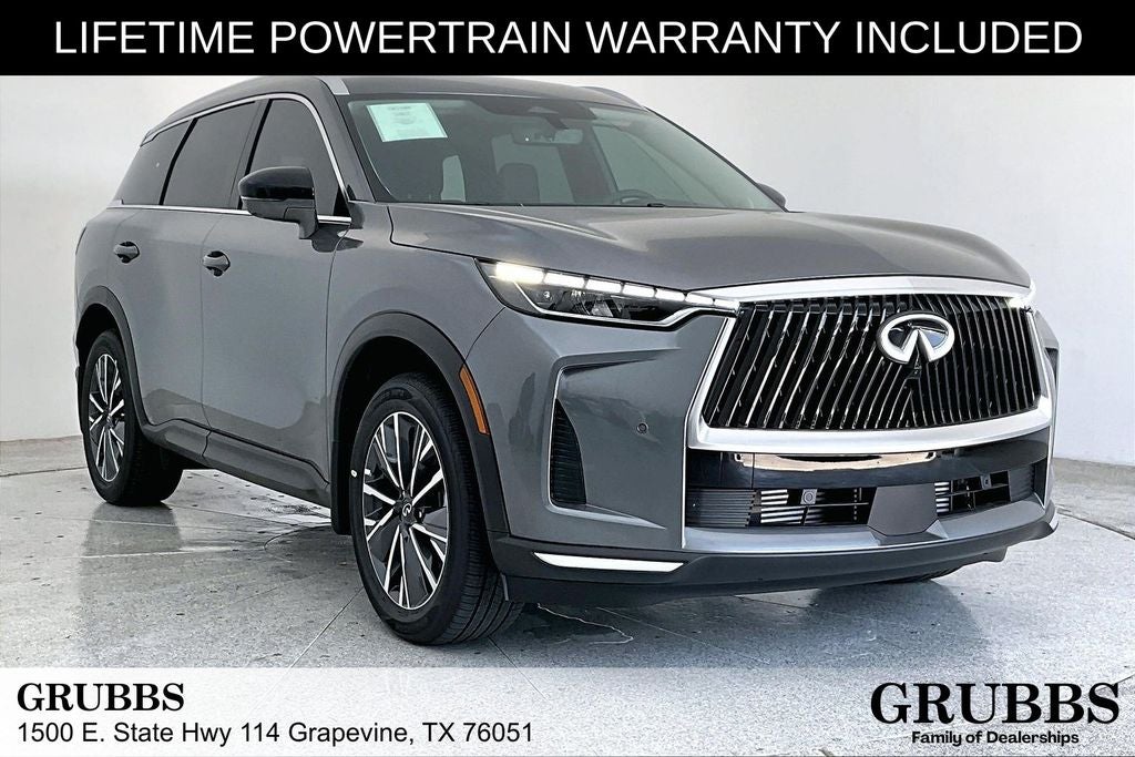 2027 INFINITI QX60 LUXE in Graphite Shadow — front three-quarter view