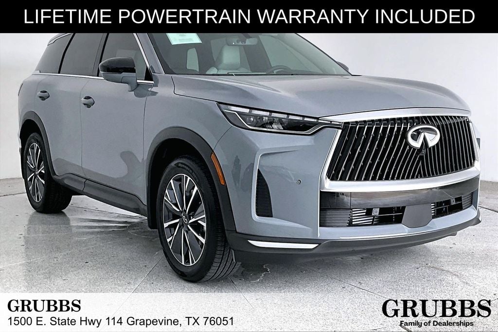 2027 INFINITI QX60 LUXE in Harbor Gray — front three-quarter view