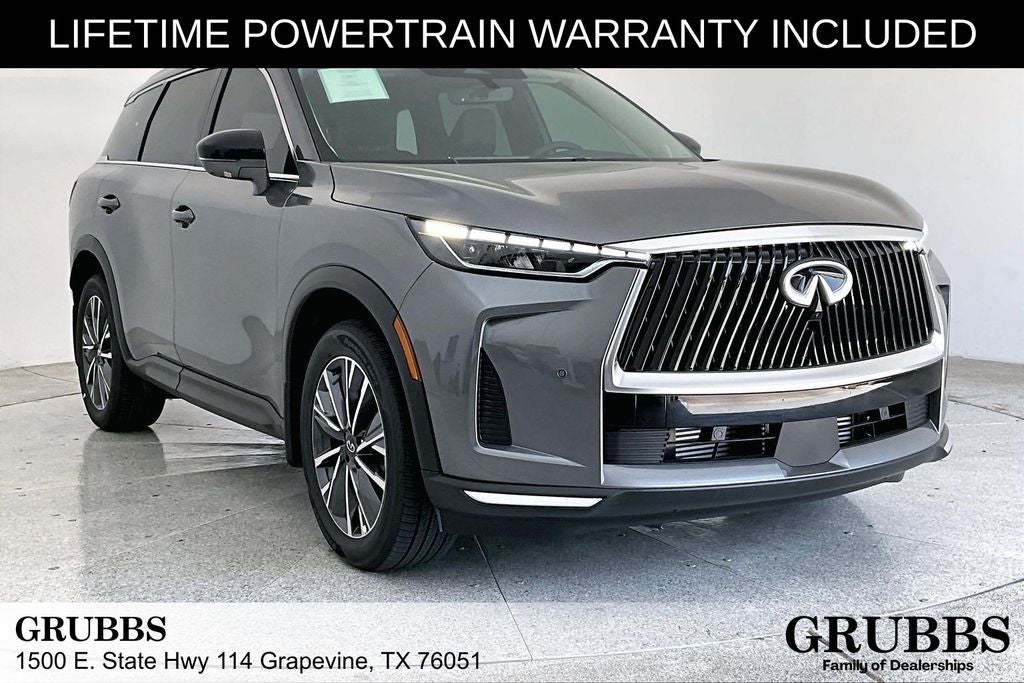 2027 INFINITI QX60 LUXE in Graphite Shadow — front three-quarter view