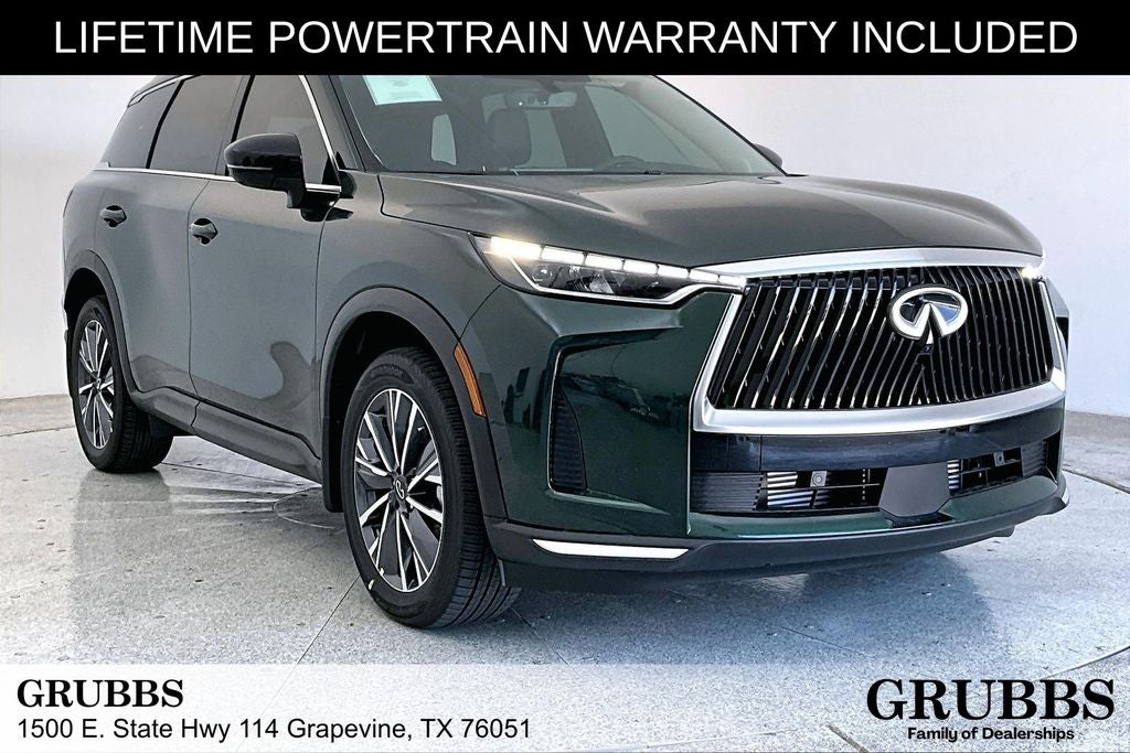 2027 INFINITI QX60 LUXE in Deep Emerald — front three-quarter view