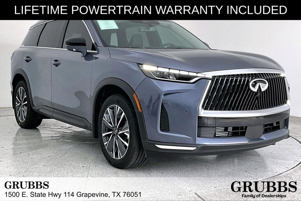 2027 INFINITI QX60 LUXE in Moonbow Blue — front three-quarter view