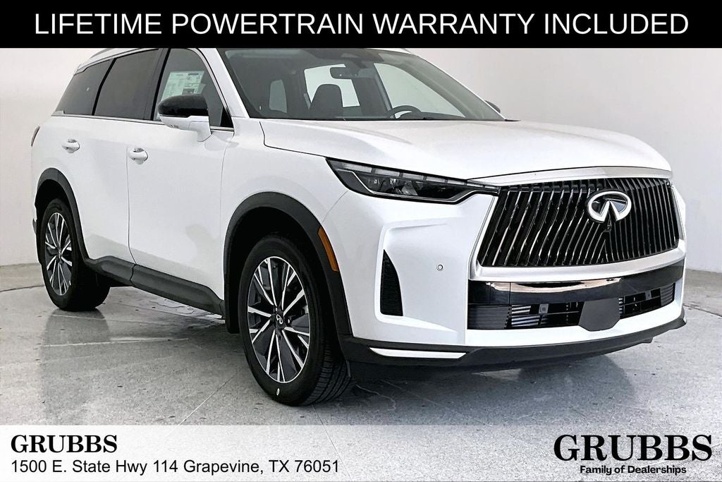 2027 INFINITI QX60 LUXE in Radiant White — front three-quarter view
