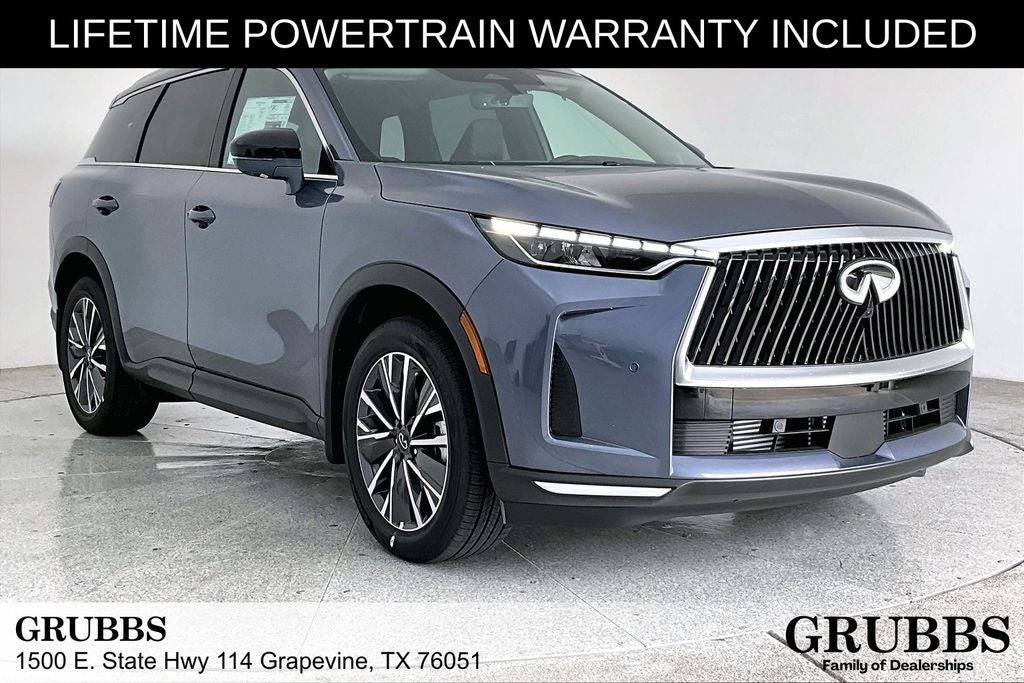 2027 INFINITI QX60 LUXE in Moonbow Blue — front three-quarter view