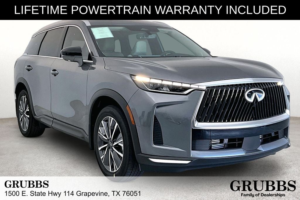 2027 INFINITI QX60 LUXE in Graphite Shadow — front three-quarter view