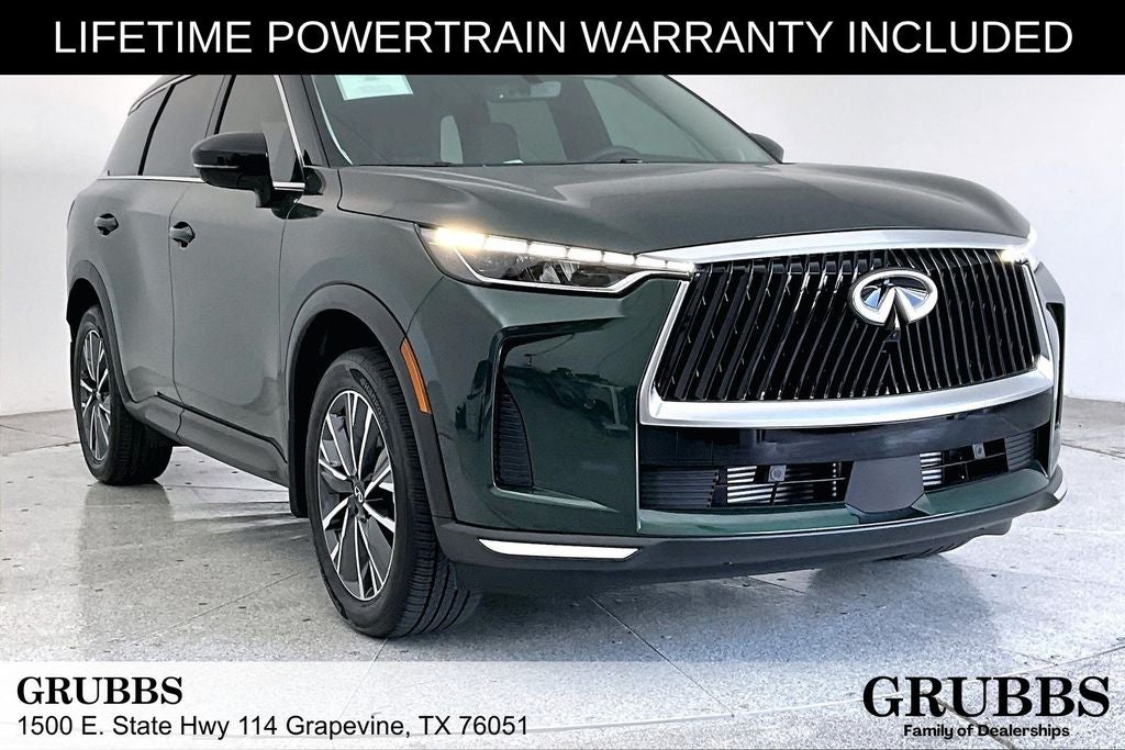 2027 INFINITI QX60 LUXE in Deep Emerald — front three-quarter view
