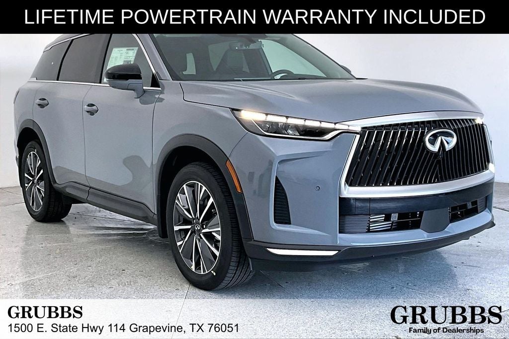2027 INFINITI QX60 LUXE in Harbor Gray — front three-quarter view