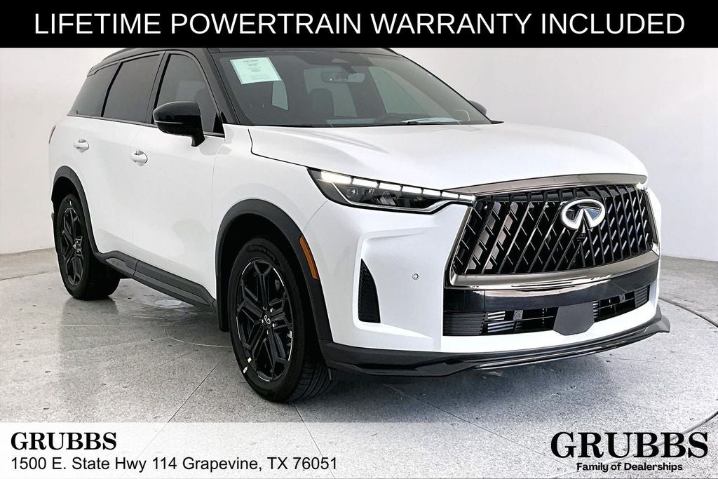 2027 INFINITI QX60 SPORT in Radiant White/Black Obsidian — front three-quarter view