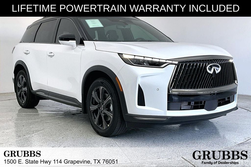 2027 INFINITI QX60 Autograph in Radiant White/Black Obsidian — front three-quarter view