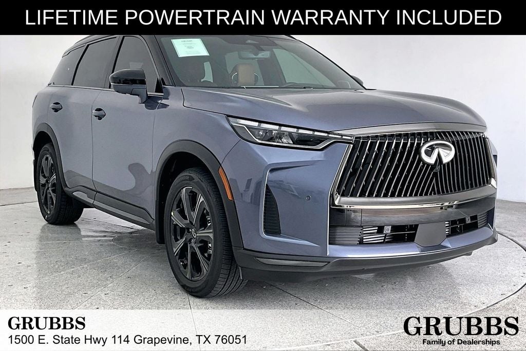 2027 INFINITI QX60 Autograph in Moonbow Blue/Blk Obsidian — front three-quarter view