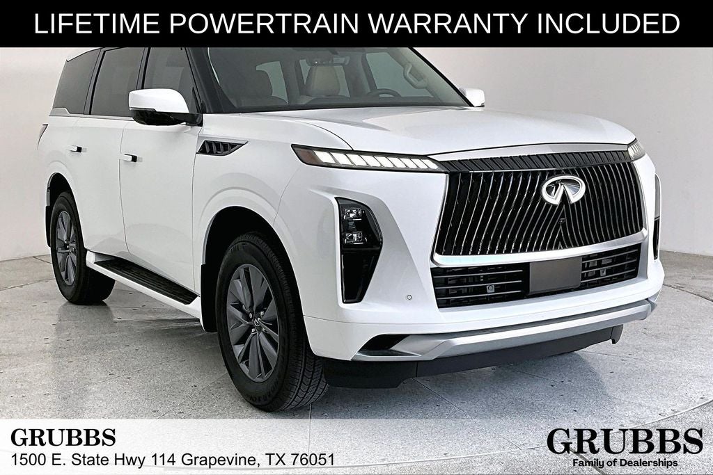 2026 INFINITI QX80 PURE in Radiant White — front three-quarter view