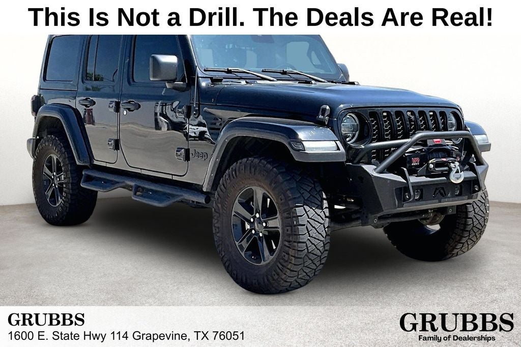 2021 Jeep Wrangler Unlimited Sahara Altitude in Black Clearcoat — front three-quarter view