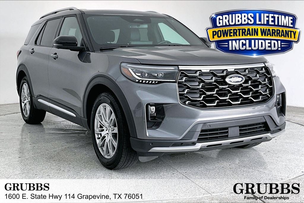 2025 Ford Explorer Platinum in Gray Metallic — front three-quarter view