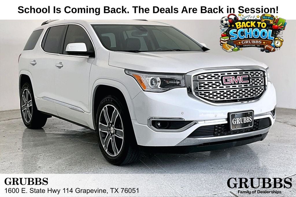 2017 GMC Acadia Denali in White Frost Tricoat — front three-quarter view