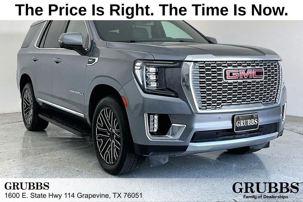 2022 GMC Yukon Denali in Satin Steel Metallic — front three-quarter view
