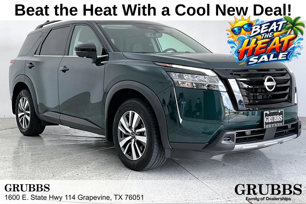 2024 Nissan Pathfinder SL in Obsidian Green Pearl — front three-quarter view