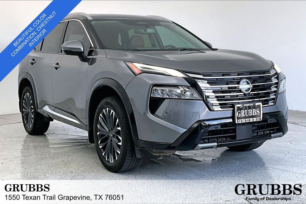 2025 Nissan Rogue Platinum in Gun Metallic — front three-quarter view
